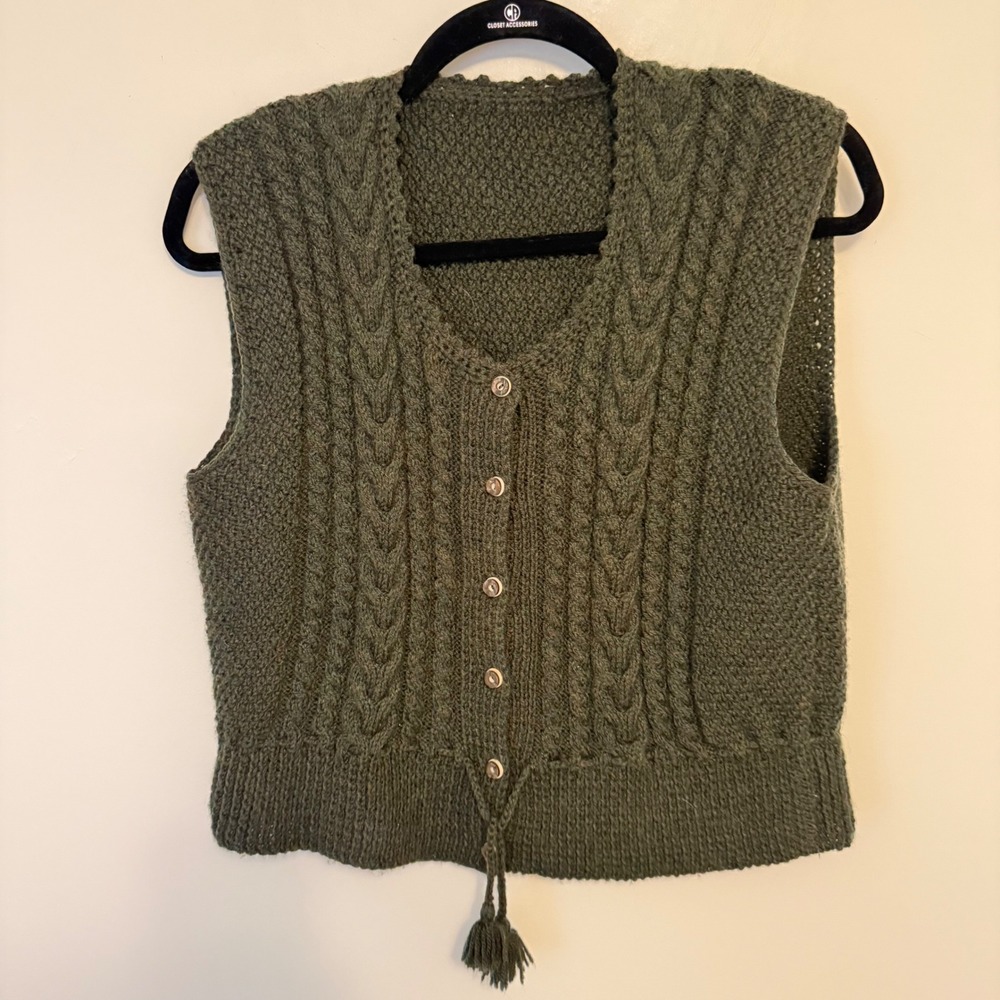 Handmade Vintage Cable Knit Vest Olive Green Button Front Tassel Hem Small